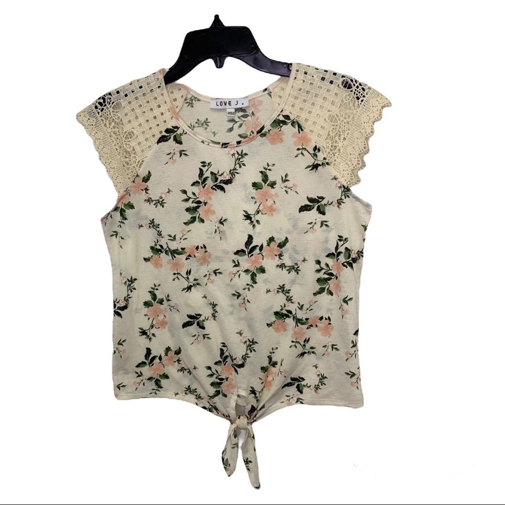 LOVE J Womens Size M Floral Tie Front Top Crochet Lace Cap Sleeve Boho Crop